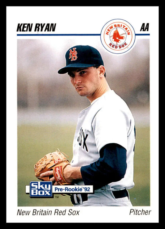 Baseball card of Ken Ryan, New Britain Red Sox pitcher in white and navy uniform