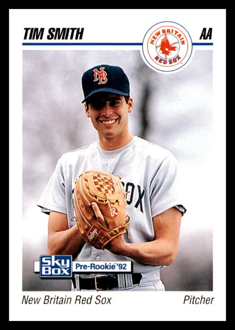 Baseball card of Tim Smith, New Britain Red Sox pitcher in white uniform with glove