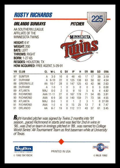 1992 Skybox AA Baseball Card of Rusty Richards, Orlando Sun Rays pitcher with stats