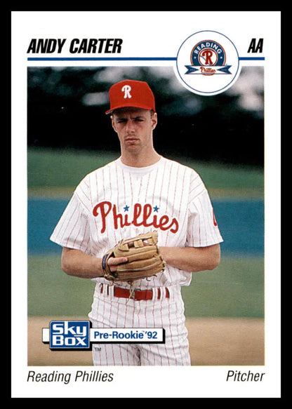 Baseball card of Andy Carter from the Reading Phillies in a white pinstriped uniform