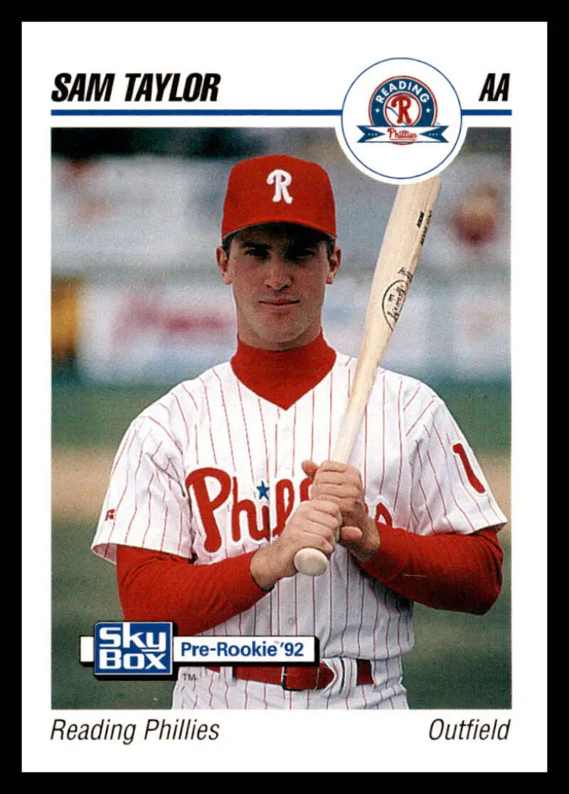 Sam Taylor Reading Phillies baseball card in white pinstriped uniform with red cap