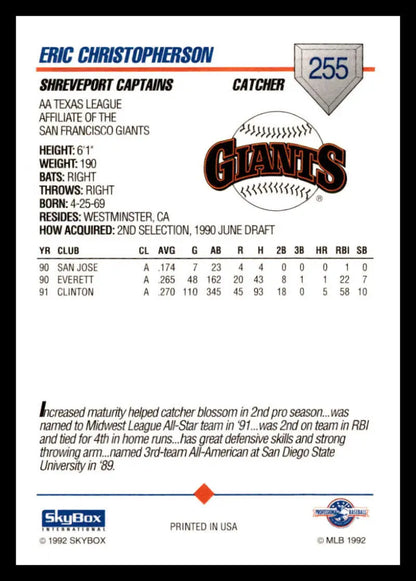 Baseball card for Eric Christopherson of the Shreveport Captains with Giants logo