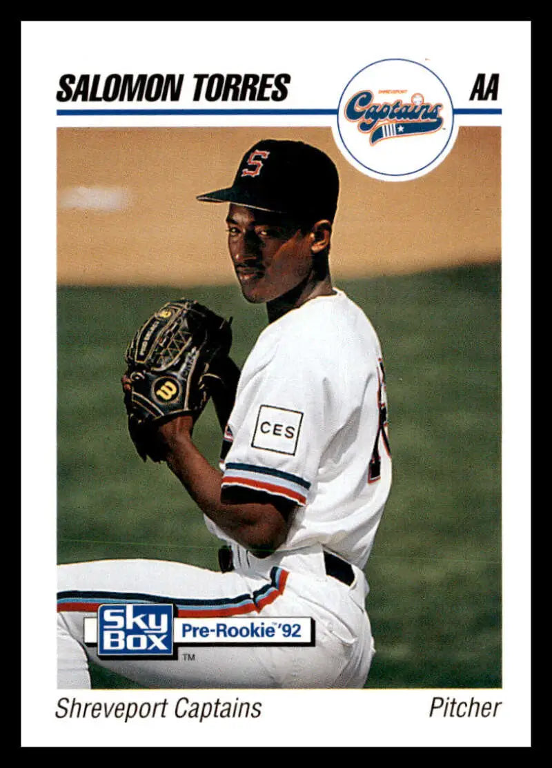 Baseball card of Salomon Torres in Shreveport Captains uniform, white and black design