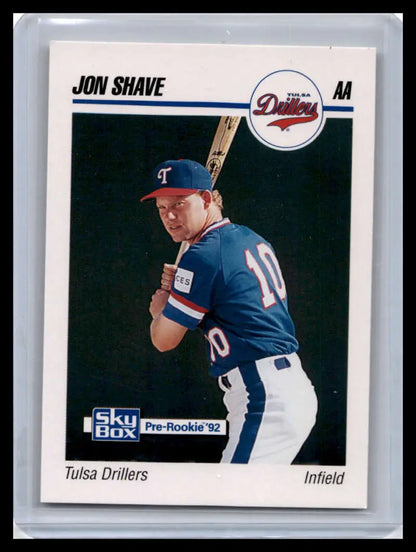 Baseball card of Jon Shave in blue uniform for the Tulsa Drillers at bat