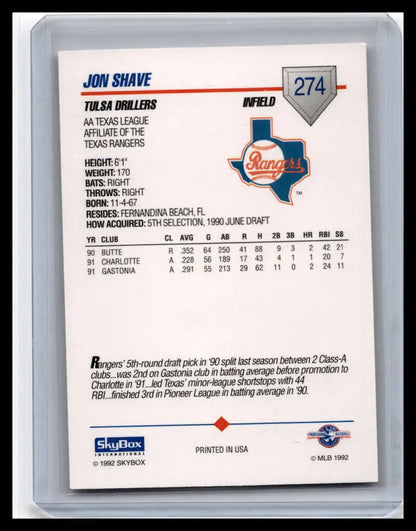 1992 Skybox AA Jon Shave Tulsa Drillers Baseball Card with player statistics