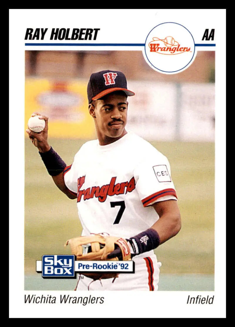 Wichita Wranglers Baseball Card of Ray Holbert in white uniform holding a baseball