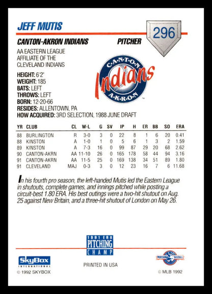 Baseball card of Jeff Mutis featuring Canton-Akron Indians stats and logo