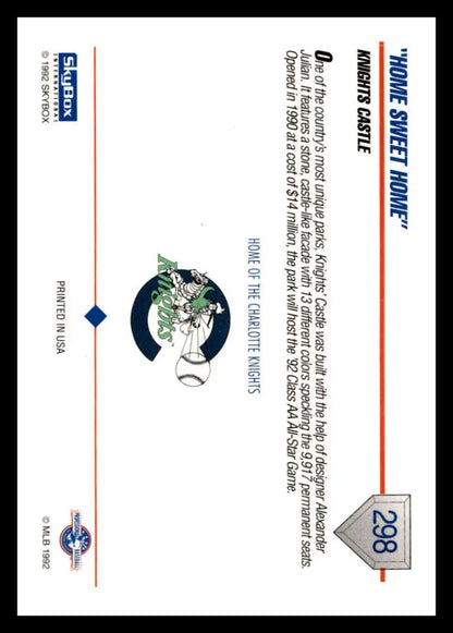 White and blue baseball card featuring a dragon logo from Knights Castle Charlotte Knights