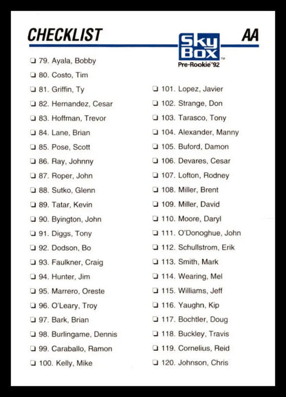 Baseball card checklist numeric 2 displaying player names 79 to 120 for NM-MT quality