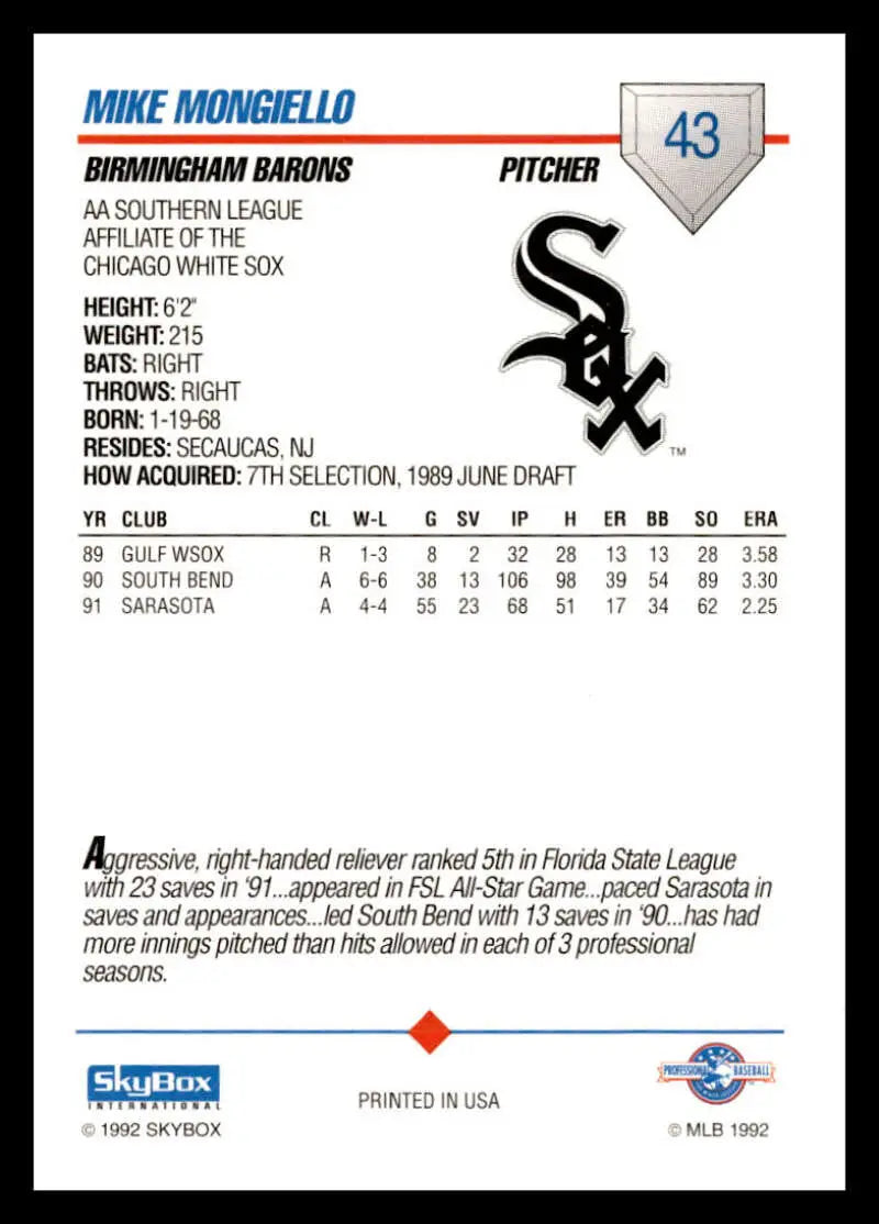 Baseball card of Mike Mongiello with Birmingham Barons logo and pitcher statistics