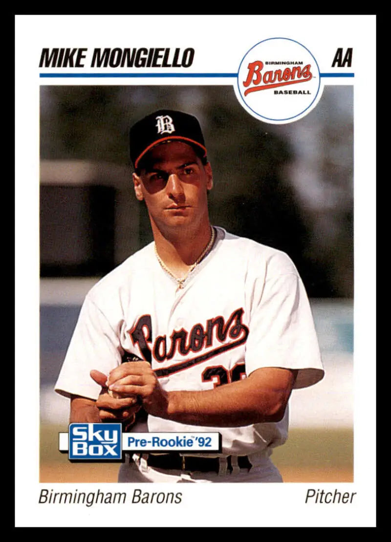 Baseball card of Mike Mongiello in a Birmingham Barons white home uniform