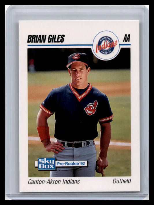 Baseball card of Brian Giles showcasing Canton-Akron Indians outfielder in navy uniform