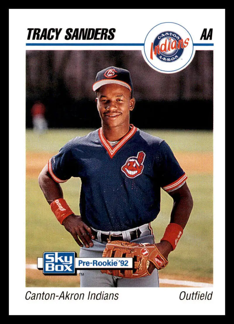 Tracy Sanders Canton-Akron Indians baseball card in navy blue uniform with red trim