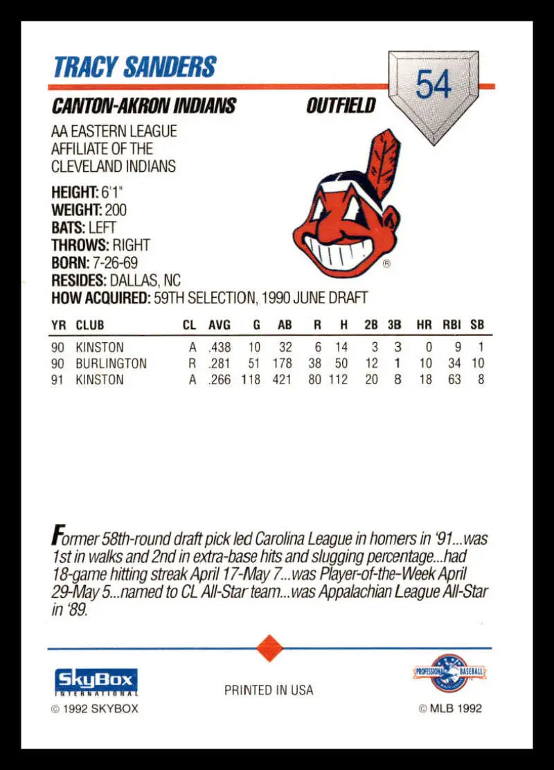 Tracy Sanders Canton-Akron Indians baseball card featuring player statistics and information