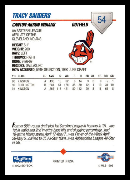 Tracy Sanders Canton-Akron Indians baseball card featuring player statistics and information