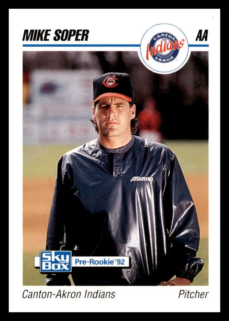 Baseball card featuring Mike Soper of Canton-Akron Indians in black jacket