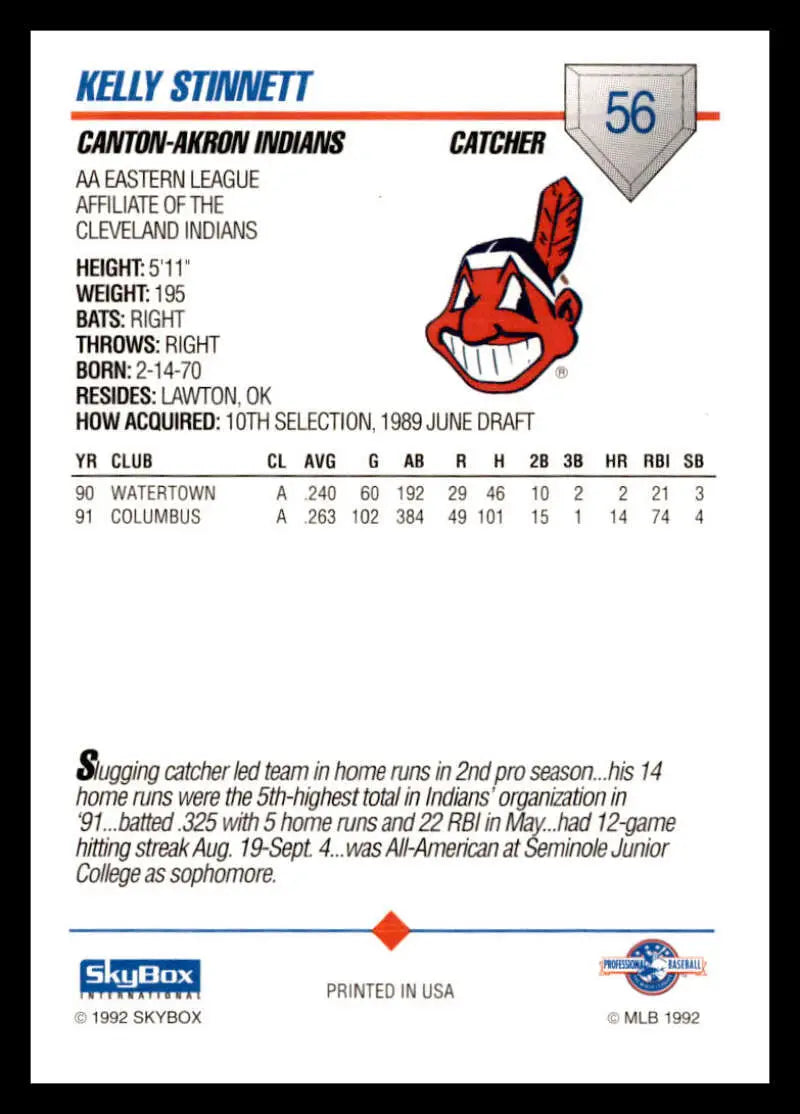 Baseball card of Kelly Stinnett featuring Chief Wahoo logo and Canton-Akron Indians stats