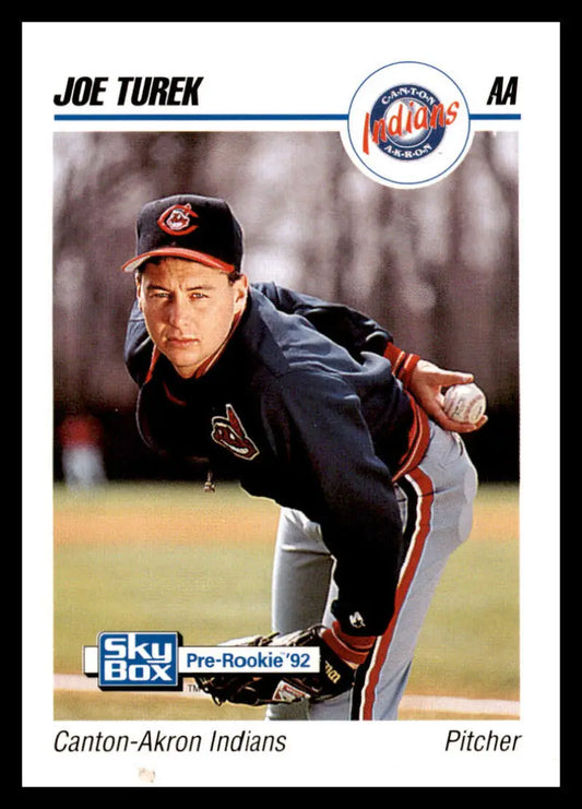 Joe Turek follow-through pitching pose on a Canton-Akron Indians baseball card