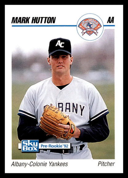 Baseball card of Mark Hutton, Albany-Colonie Yankees pitcher in white uniform with glove