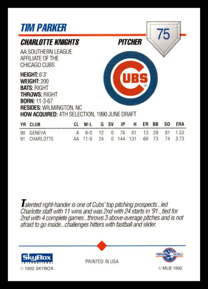 Baseball card featuring Tim Parker’s stats and Charlotte Knights logo