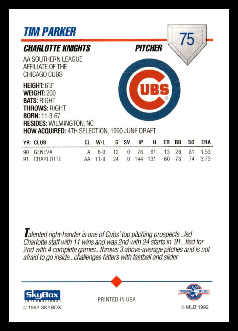 Baseball card featuring Tim Parker’s stats and Charlotte Knights logo