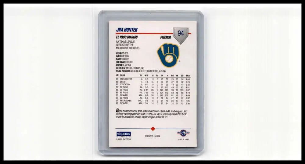 Back of 1992 Skybox AA Jim Hunter baseball card with Paso Diablos stats and Brewers logo