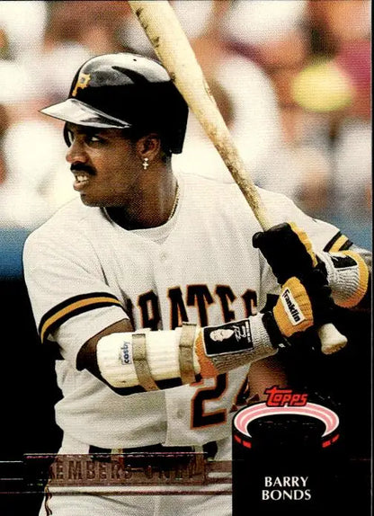 Pittsburgh Pirates player Barry Bonds batting in white uniform from 1992 Stadium Club card