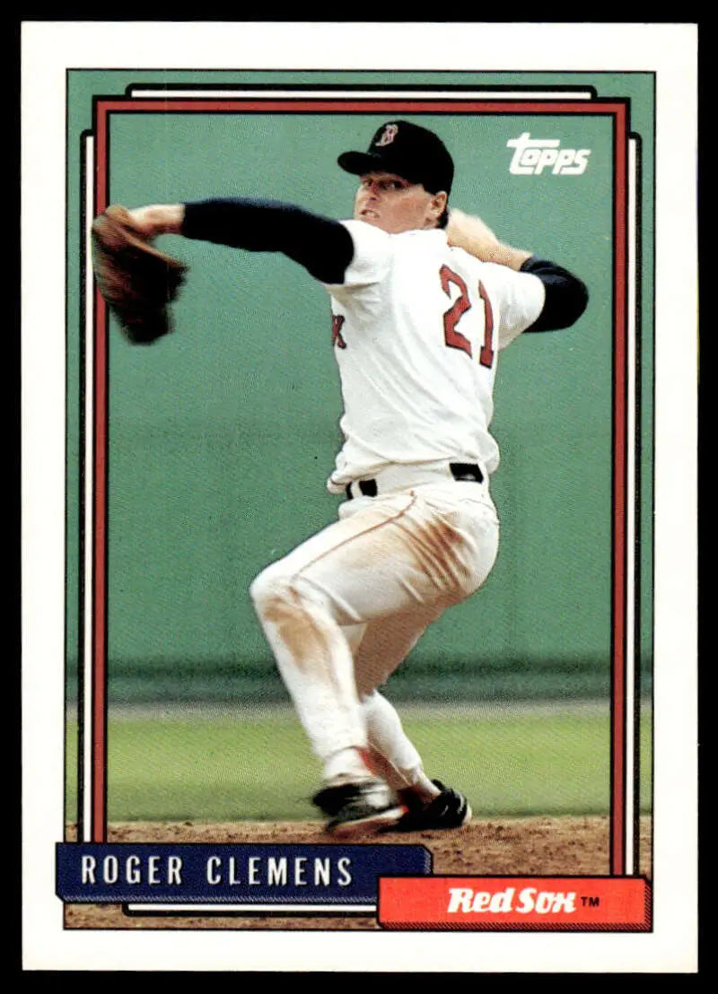 Baseball card of Roger Clemens in mid-throw for the Boston Red Sox 1992 Topps #150