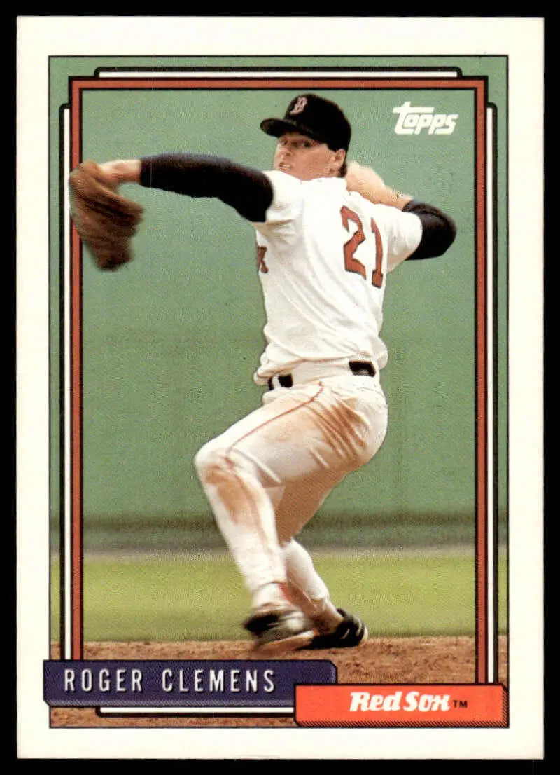 Baseball card of Roger Clemens mid-throw for the Red Sox, 1992 Topps #150