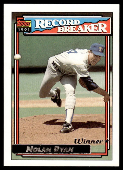 Nolan Ryan in mid-delivery on a Texas Rangers baseball card from 1992 Topps