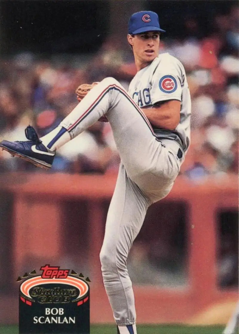 Chicago Cubs pitcher Bob Scanlan in gray uniform on 1992 Topps Stadium Club baseball card