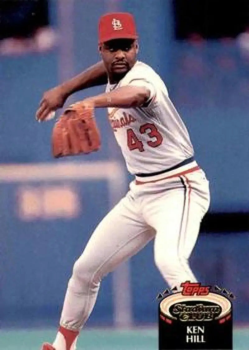 Ken Hill mid-pitching on 1992 Topps Stadium Club #138 St. Louis Cardinals baseball card