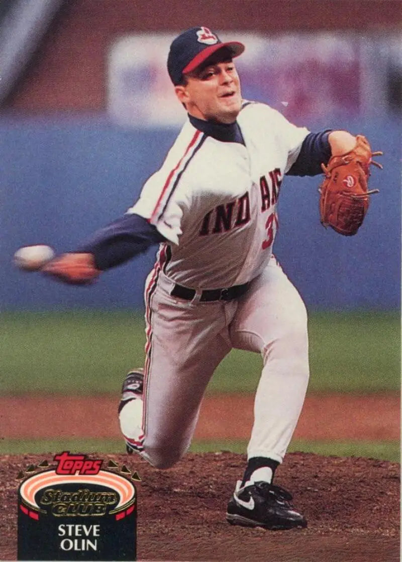 Steve Olin in Cleveland Indians uniform delivering pitch on 1992 Topps Stadium Club card