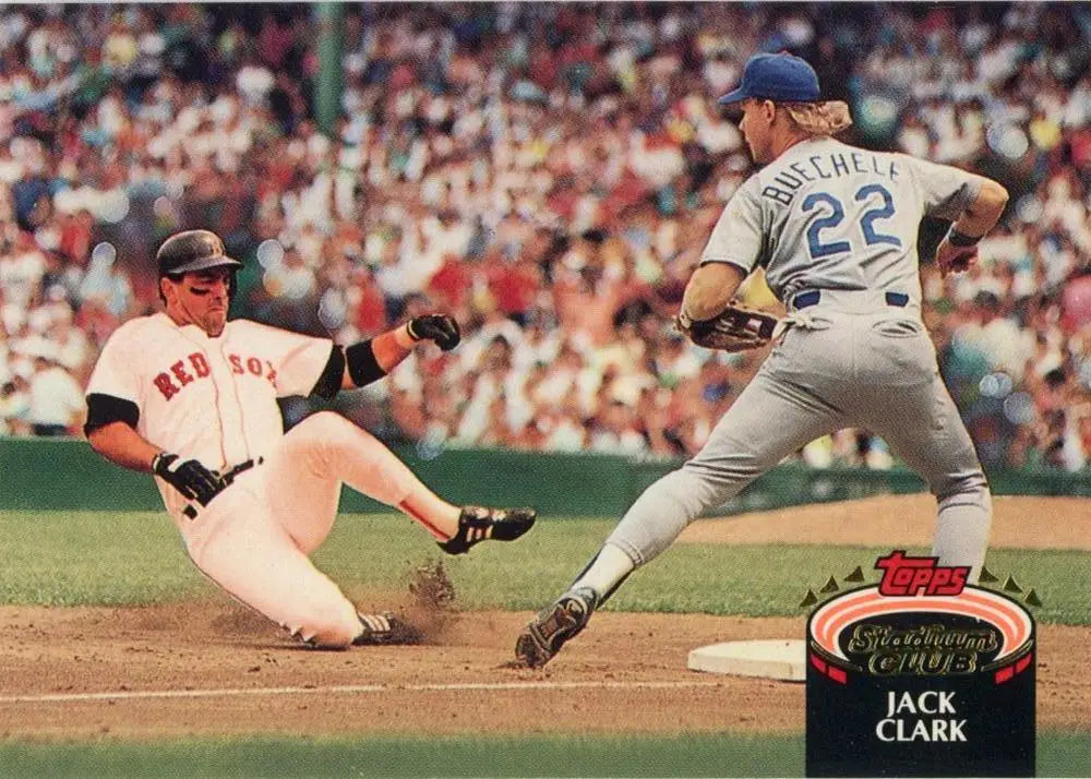 Jack Clark in a thrilling play at first base with the Red Sox on his Topps Stadium Club card