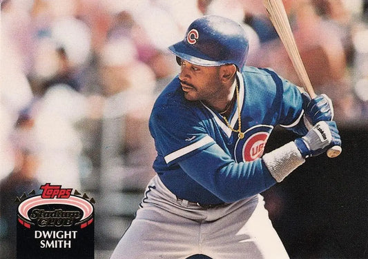 Baseball card of Dwight Smith in blue uniform, Chicago Cubs, Stadium Club edition