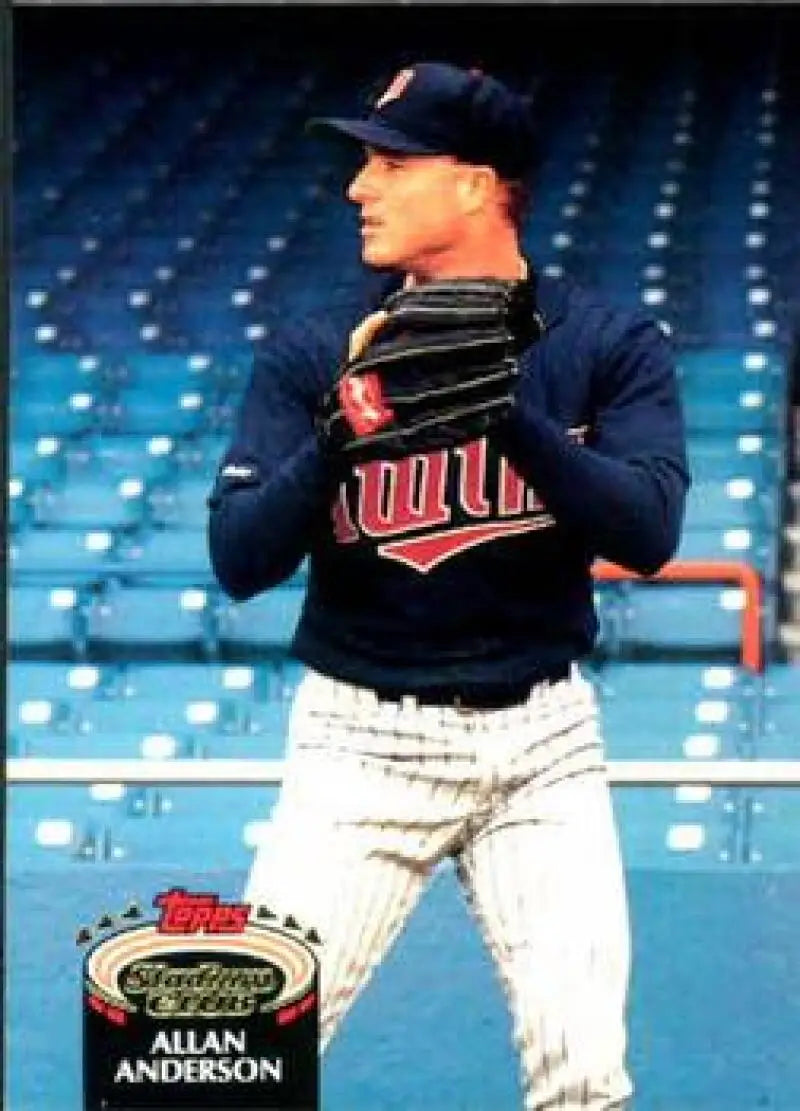 Baseball player in Minnesota Twins uniform ready to pitch on 1992 Topps Stadium Club card