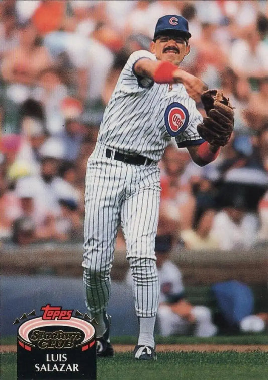 Baseball player in Chicago Cubs uniform throwing pitch on 1992 Topps Stadium Club card