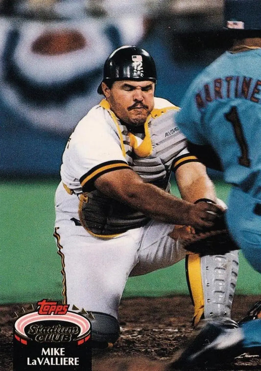 Pittsburgh Pirates catcher in 1992 Topps Stadium Club baseball card crouching stance