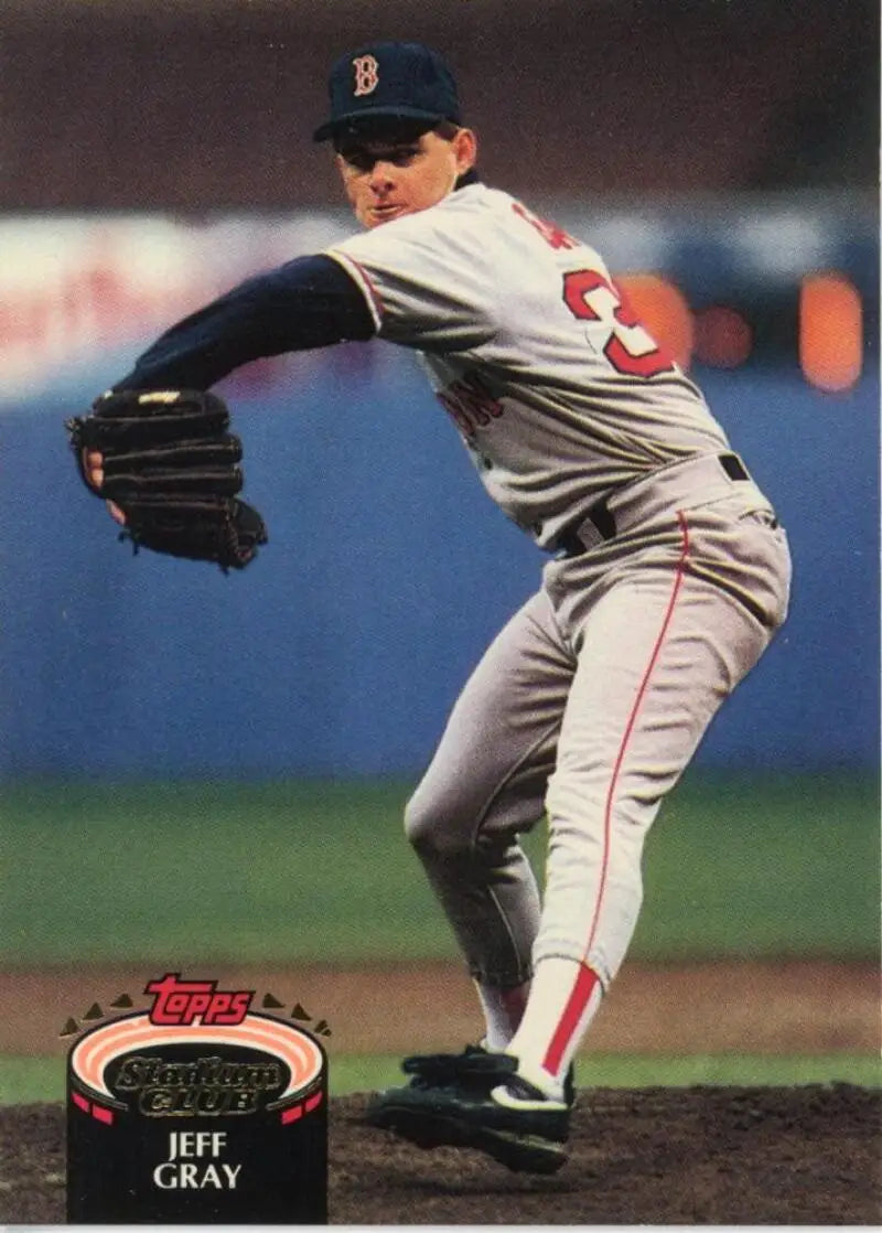 Boston Red Sox pitcher Jeff Gray mid-delivery in gray road uniform on baseball card