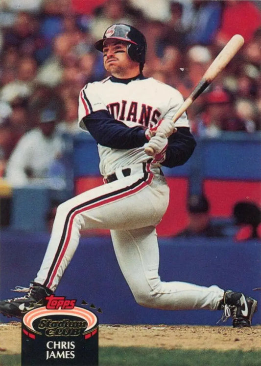 Chris James in Cleveland Indians uniform swinging bat on 1992 Topps Stadium Club card