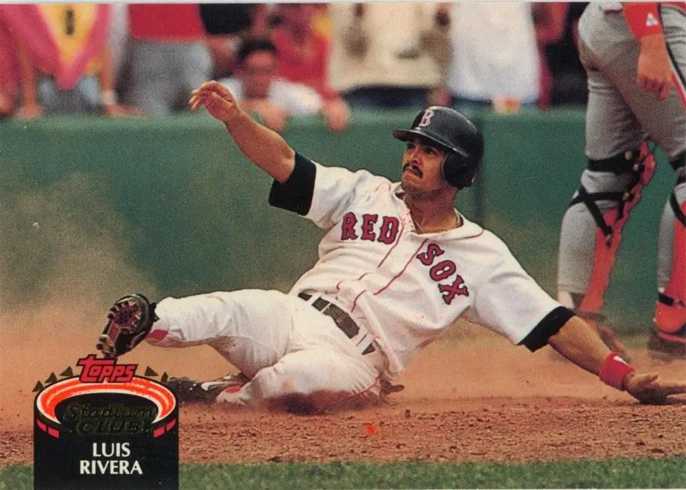 Luis Rivera sliding into home plate in a Boston Red Sox uniform 1992 Topps card