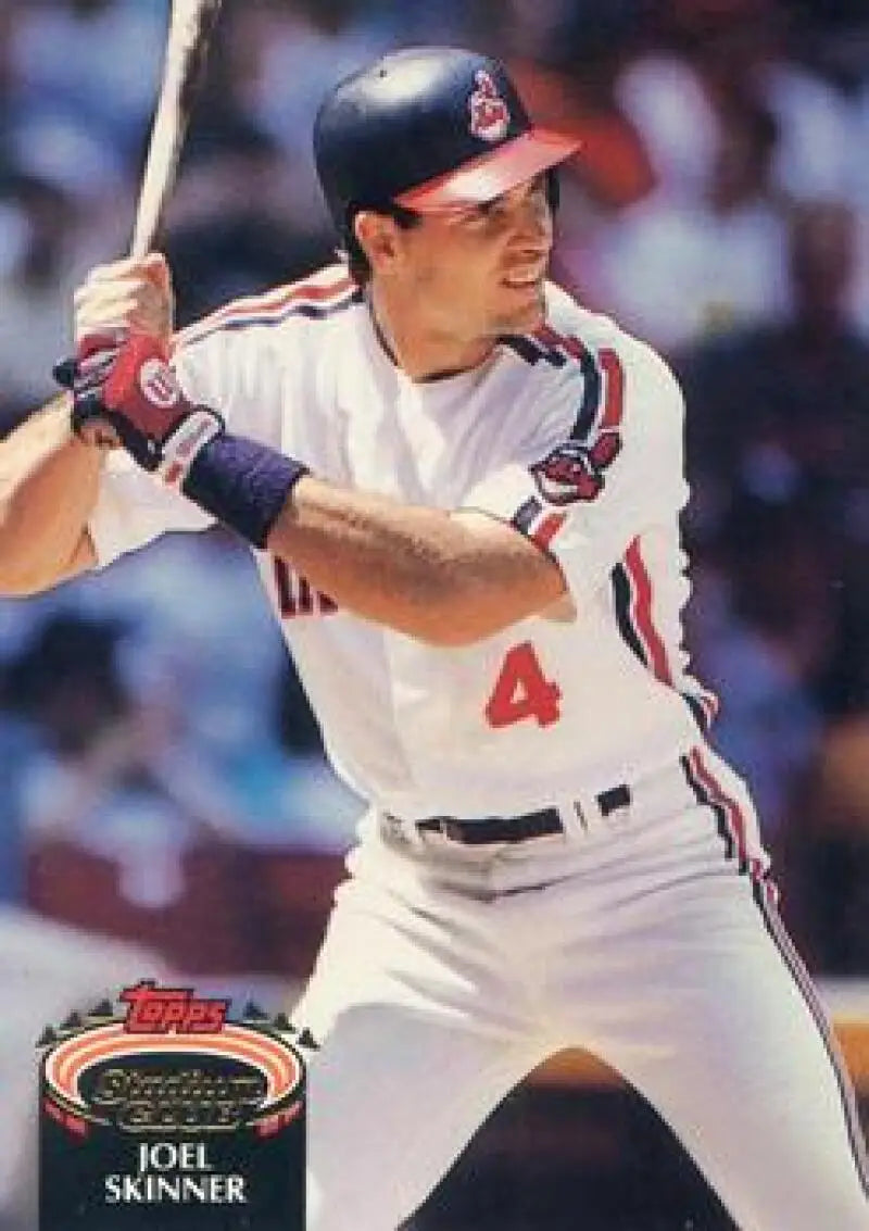 Baseball card of Joel Skinner in Cleveland Indians uniform at bat wearing #4