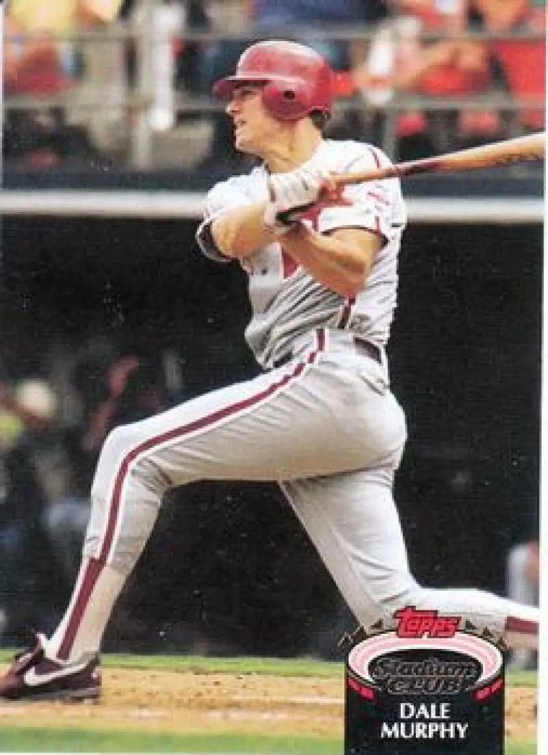 Dale Murphy swinging a bat in white Philadelphia Phillies uniform Topps Stadium Club card