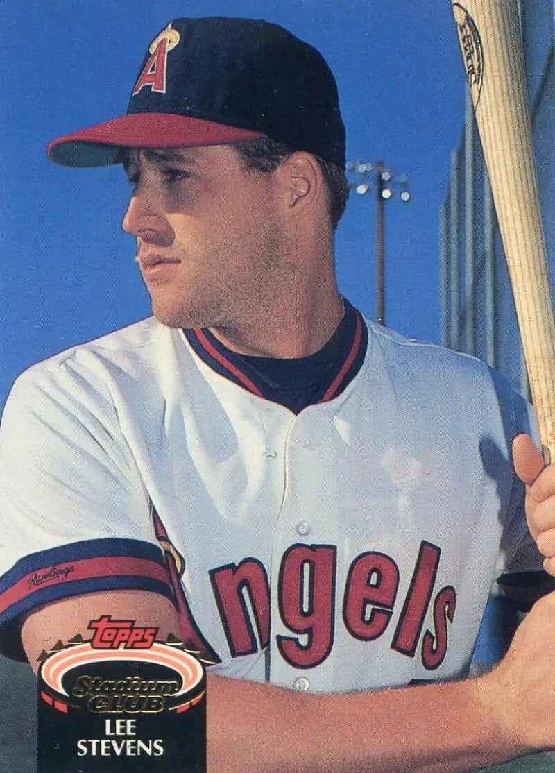 Lee Stevens in California Angels uniform holding bat for 1992 Topps Stadium Club card