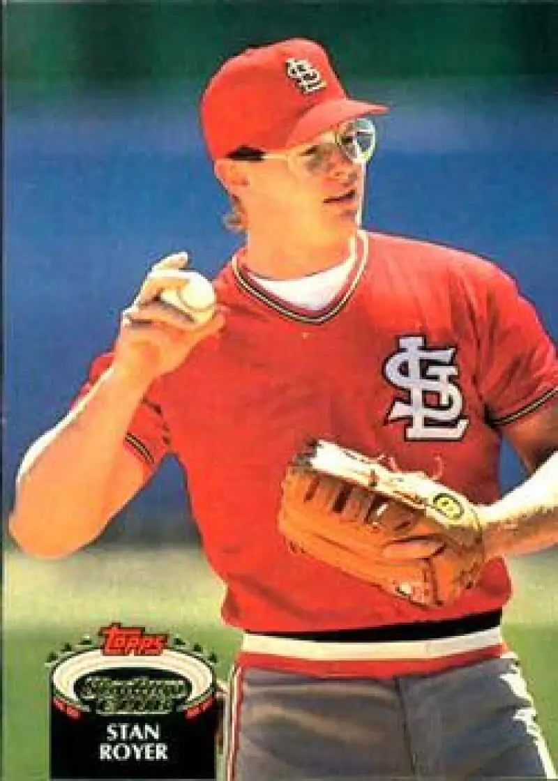 Stan Royer in red St. Louis Cardinals uniform holding baseball for Topps Stadium Club card