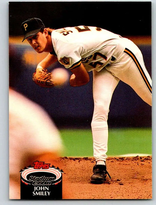 John Smiley delivering a pitch in Pittsburgh Pirates uniform on Topps Stadium Club card