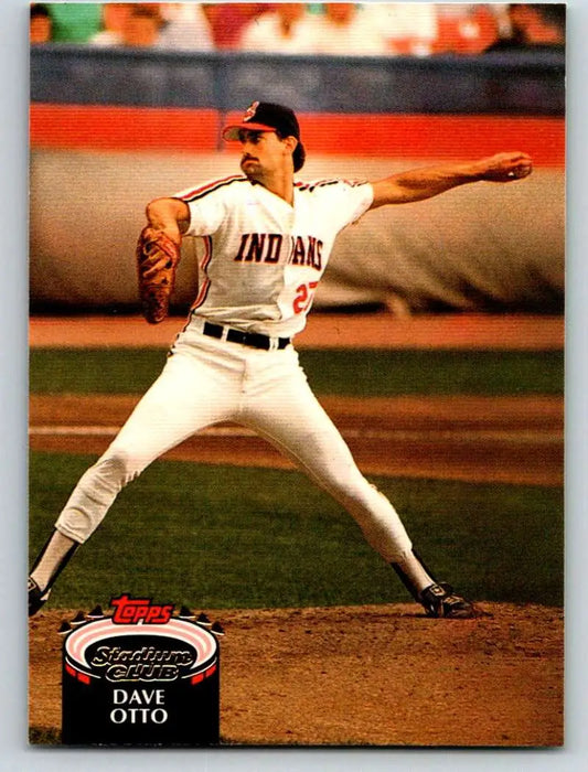 Cleveland Indians pitcher Dave Otto mid-delivery in Topps Stadium Club card action