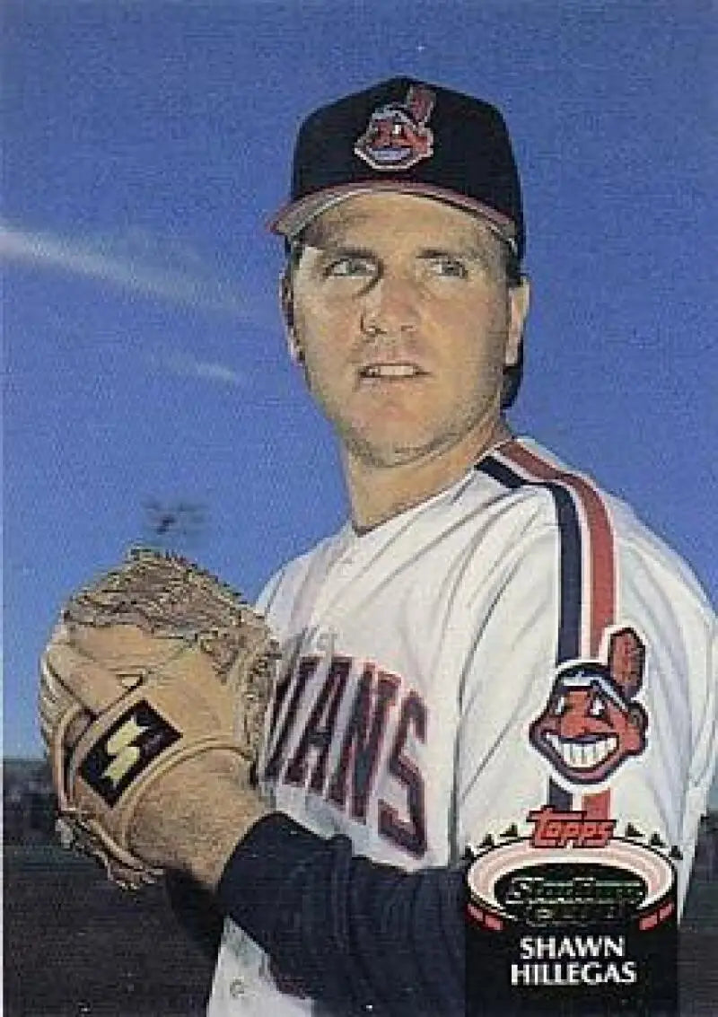 Cleveland Indians player Shawn Hillegas in white jersey and navy cap on Topps Stadium Club card