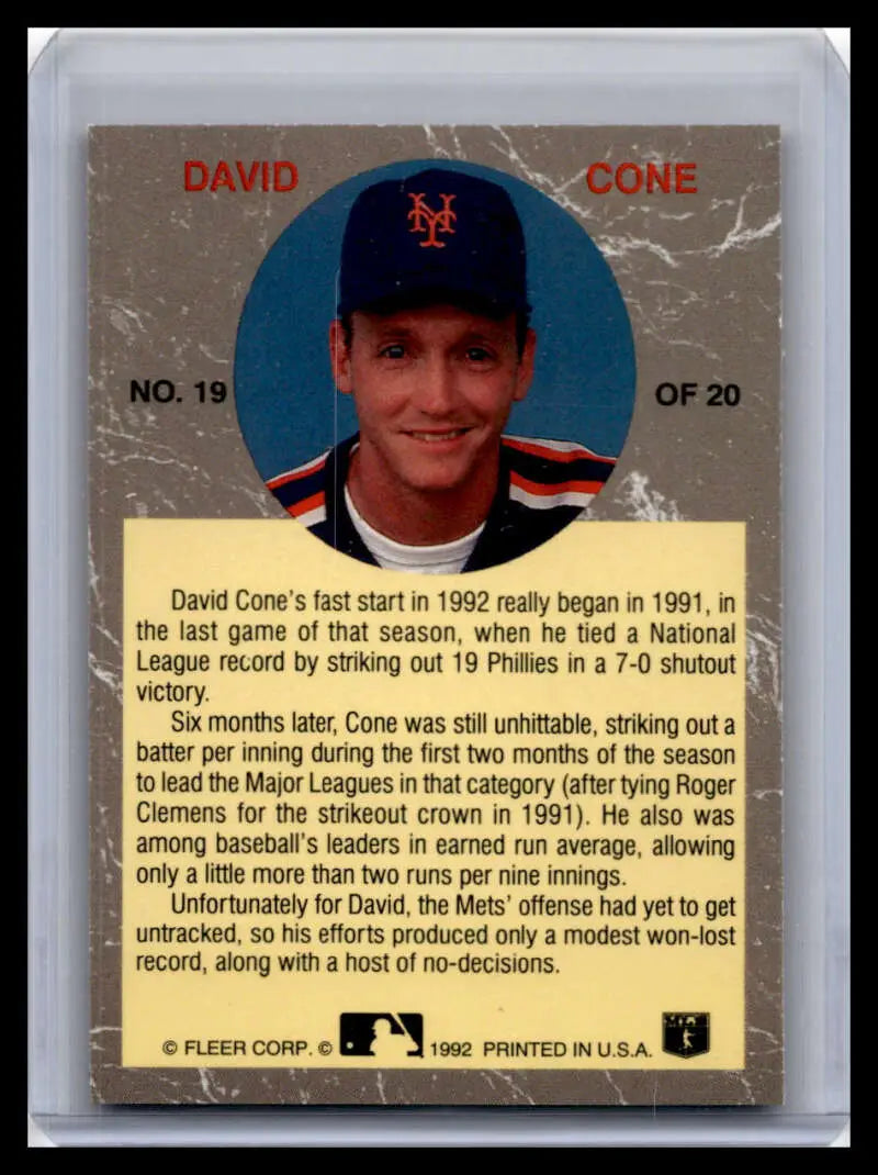 1992 Ultra #19 David Cone Baseball Card featuring New York Mets player in blue cap