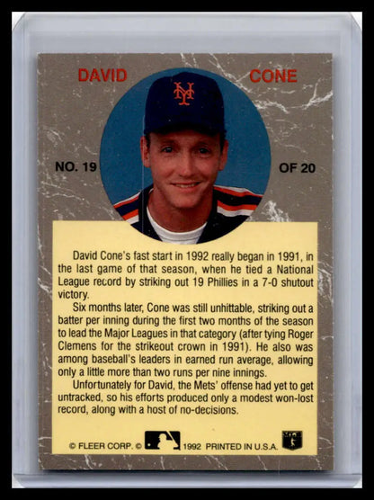 1992 Ultra #19 David Cone Baseball Card featuring New York Mets player in blue cap